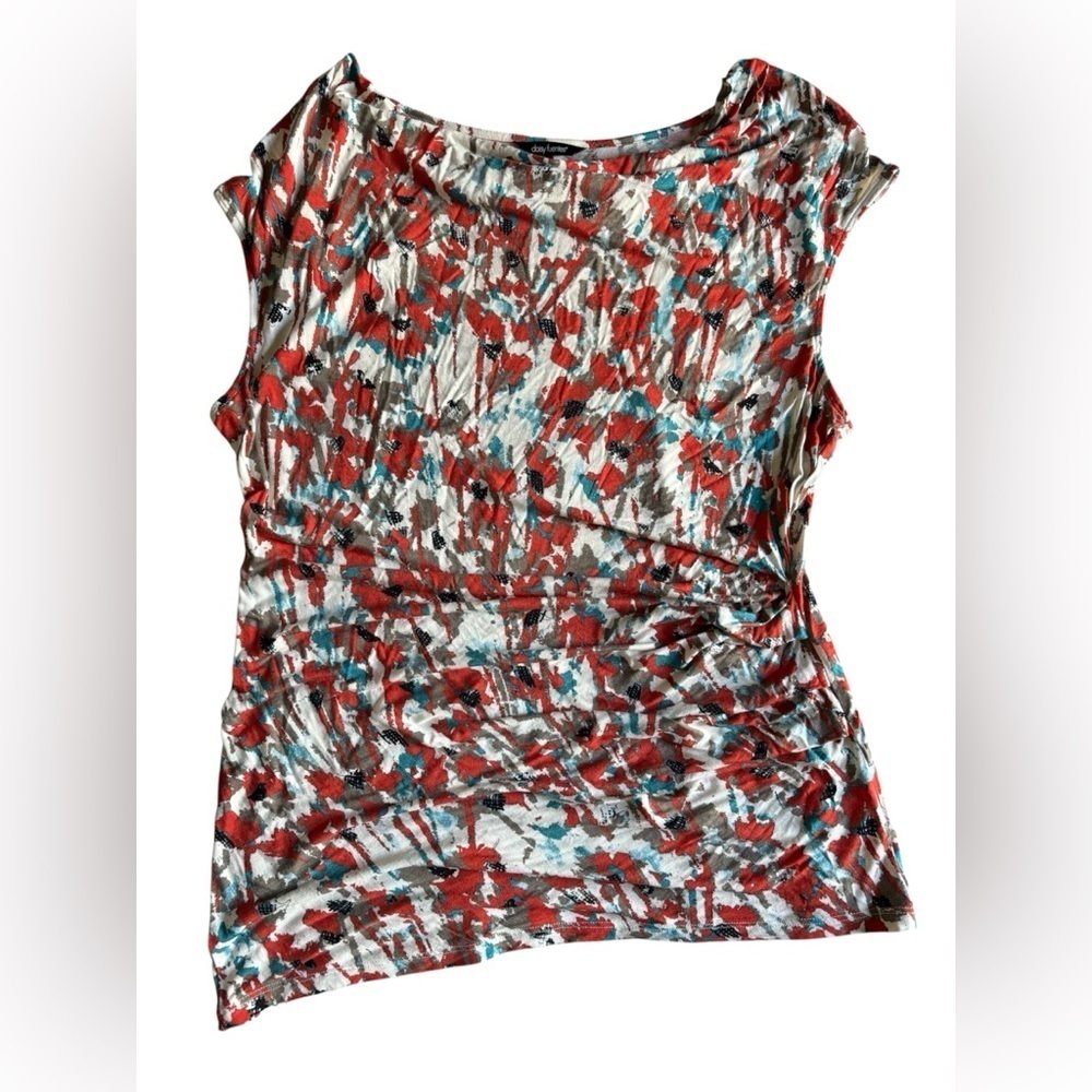 Daisy Fuentes Red and Blue Abstract Print Blouse with Cowl Neckline